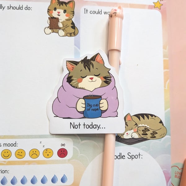 Cozy Tabby Cat Sticker, Big Cup of Nope, Not Today Funny Die cut Decal