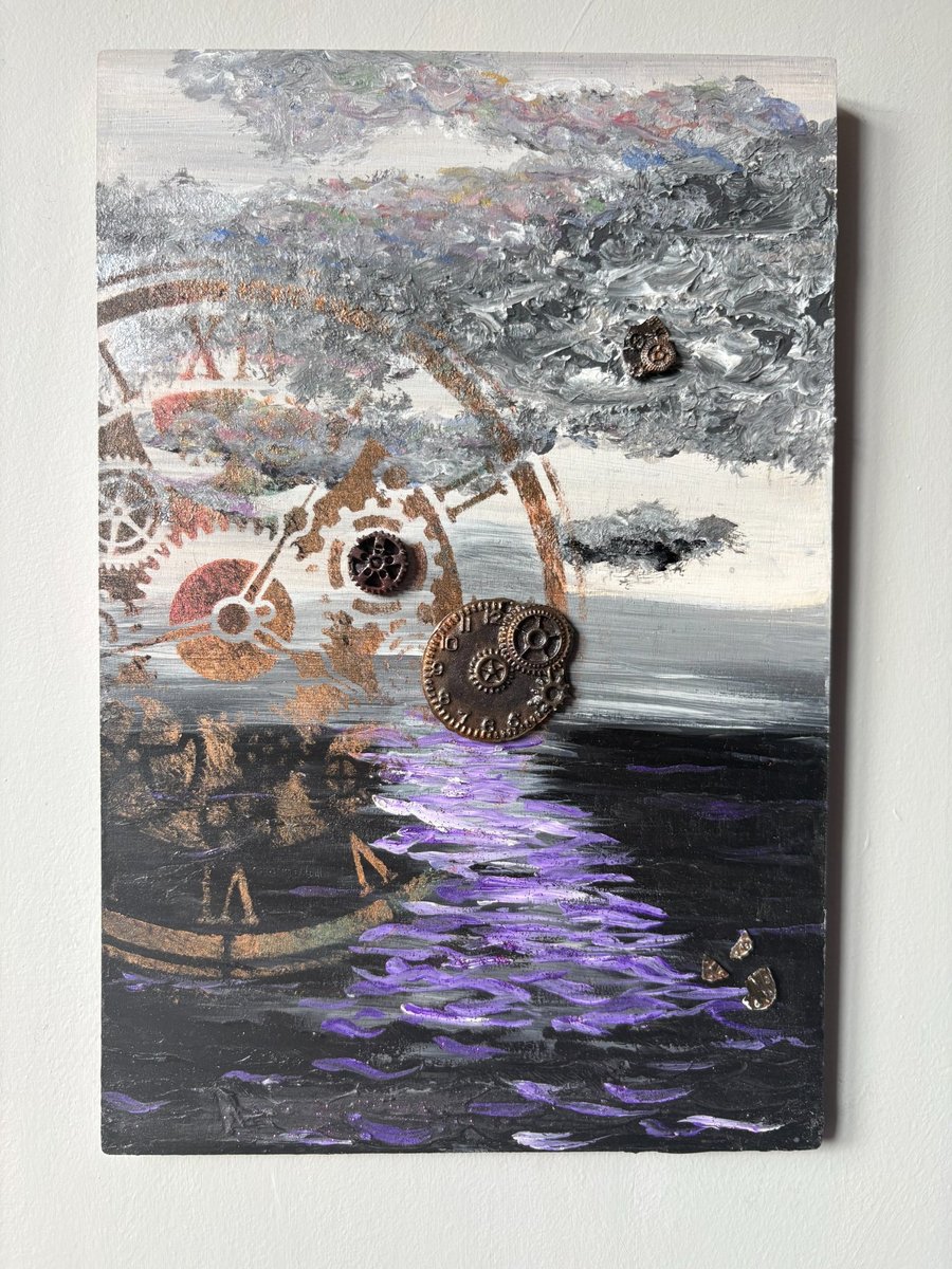 Fading of time - steampunk abstract acrylic painting on wooden board