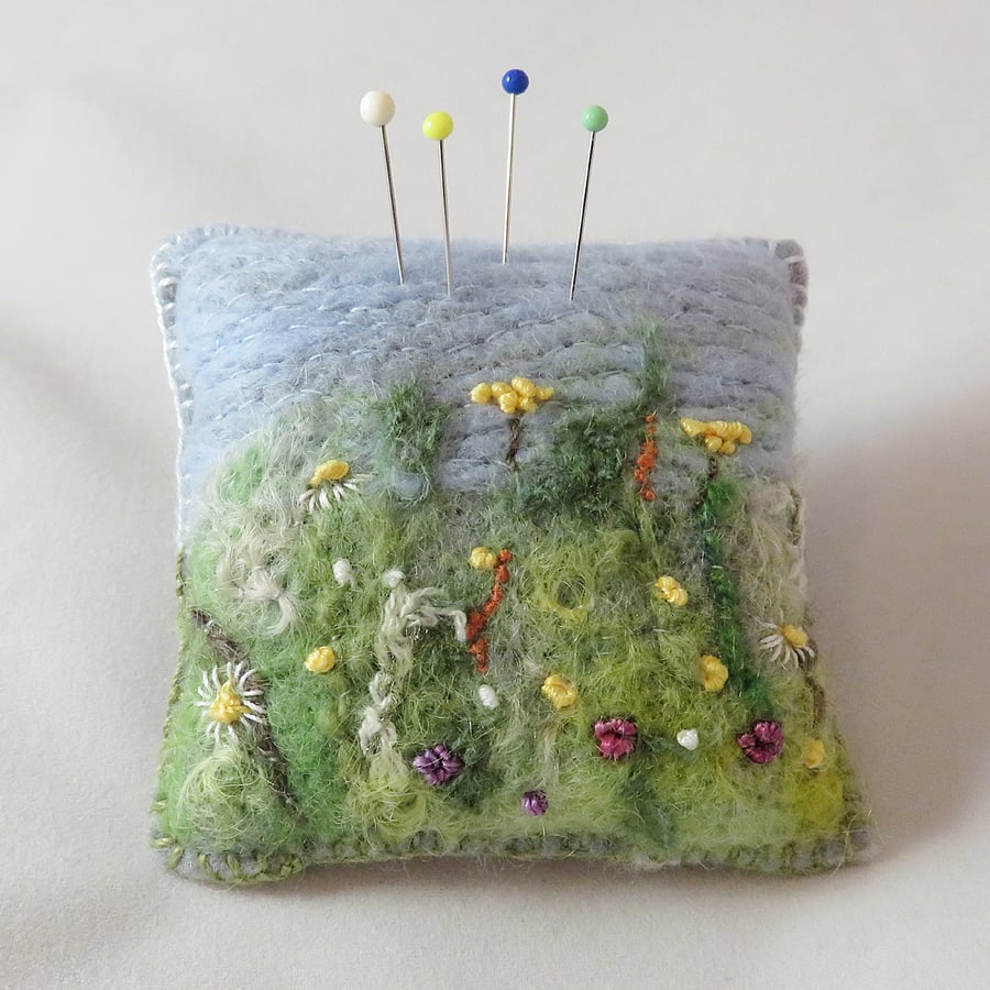 Meadow Pincushion - felted and embroidered