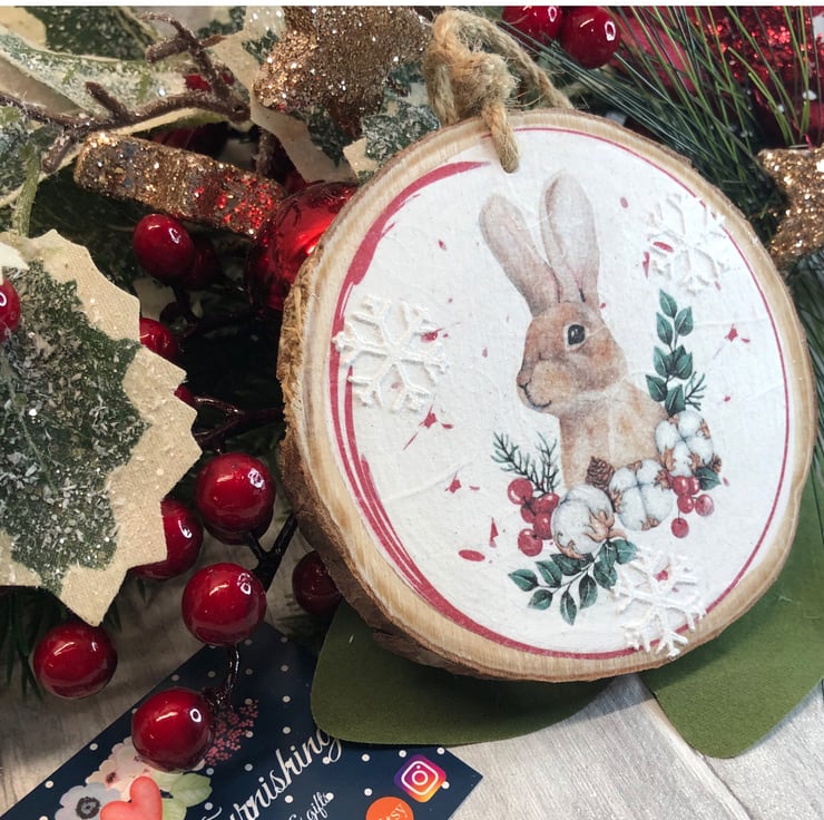 Christmas bunny rabbit rustic log slice Christm... - Folksy