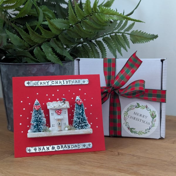 Merry Christmas Nan and Grandad Card With Removable Wooden Cottage Gift