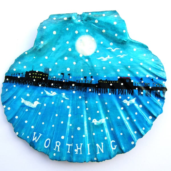 Hand Painted Scallop Shell, Worthing Pier Moon Sea Snow, Christmas Art Painting