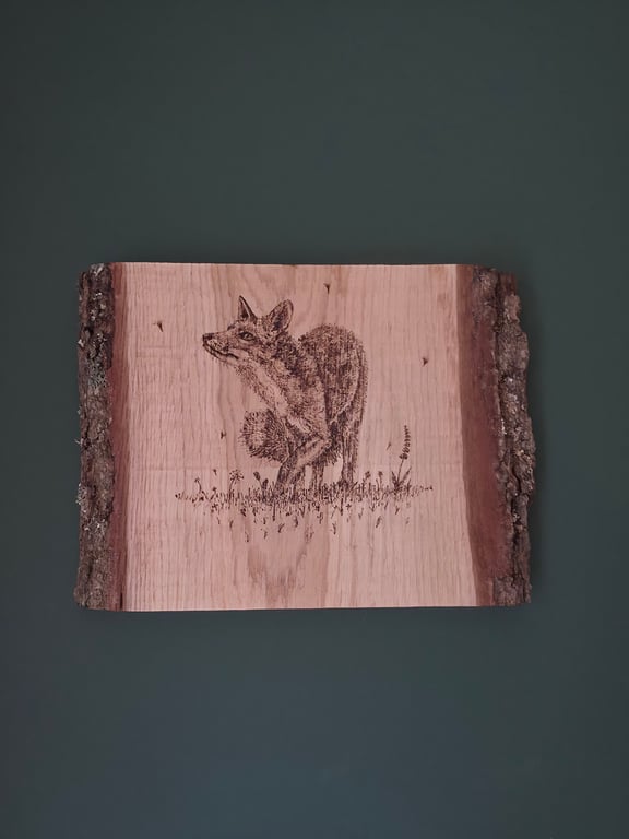 Fox on live edge wooden board 