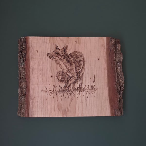 Fox on live edge wooden board 
