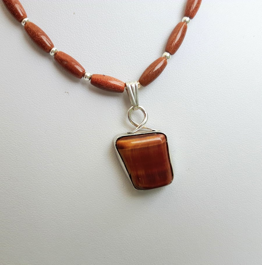 Tiger's Eye Freeform Pendant Necklace with Sterling Silver and Goldstone 