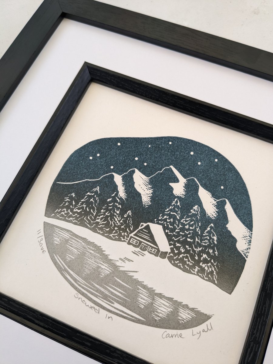 Snow Covered Mountain Cabin Limited Edition Linocut Print