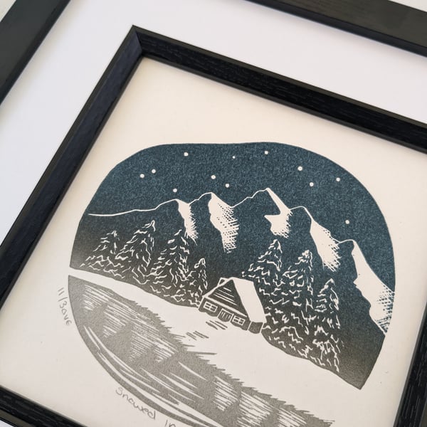 Snow Covered Mountain Cabin Limited Edition Linocut Print