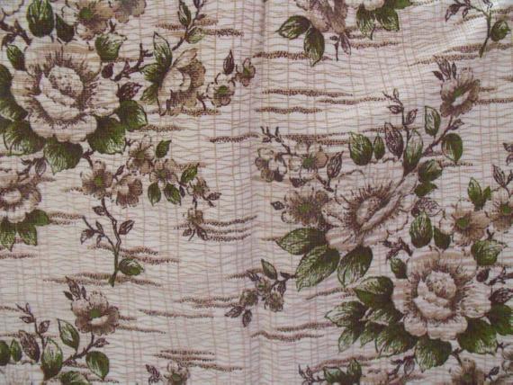 vintage green brown curtain fabric to upcycle, 1960s floral curtaining material