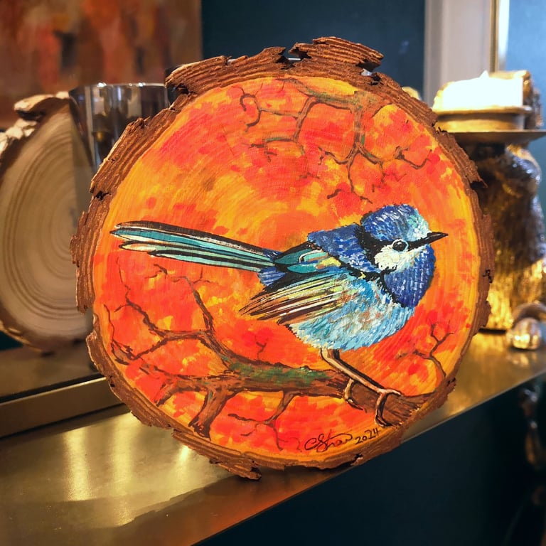 Splendid Fairy Wren - Original Painting on Wood Slice with bark