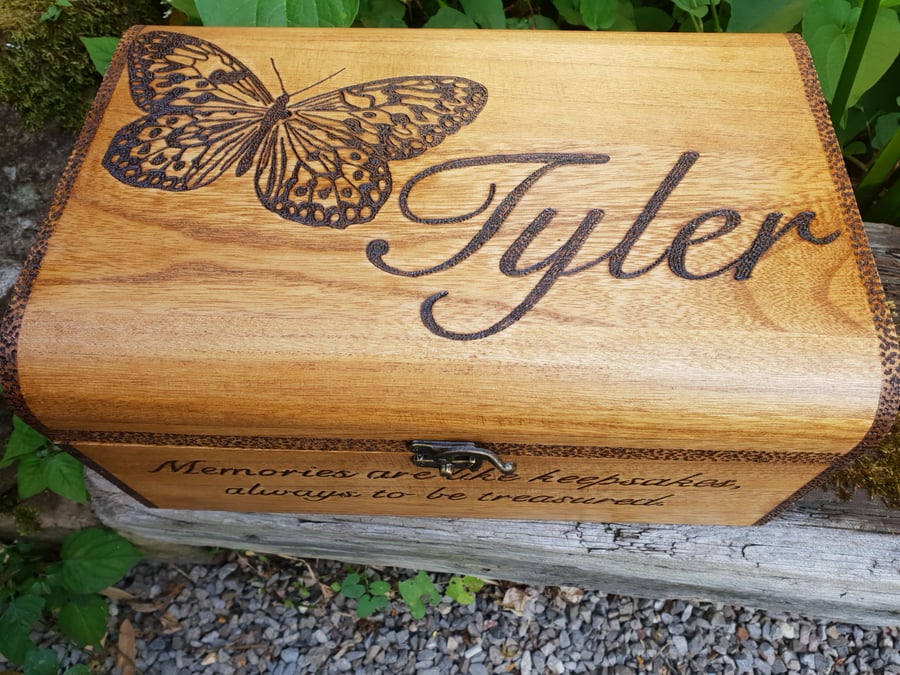 Personalised butterfly wooden box, hand burned. Memory and keepsake box gift