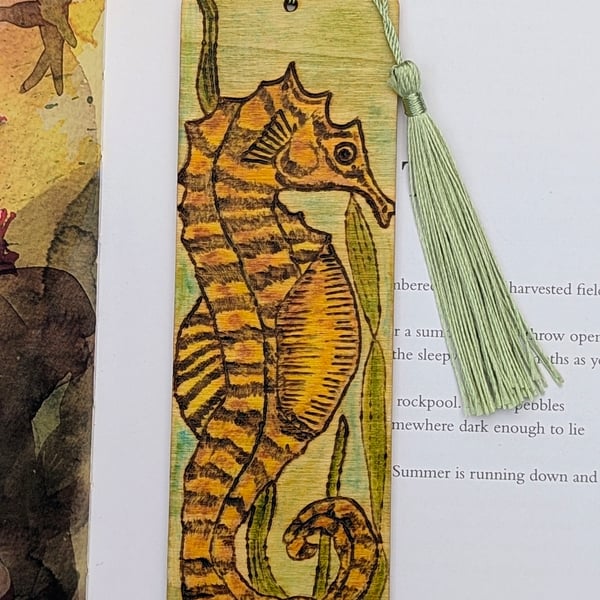 seahorse wooden bookmark, pyrography, gift for a nature lover