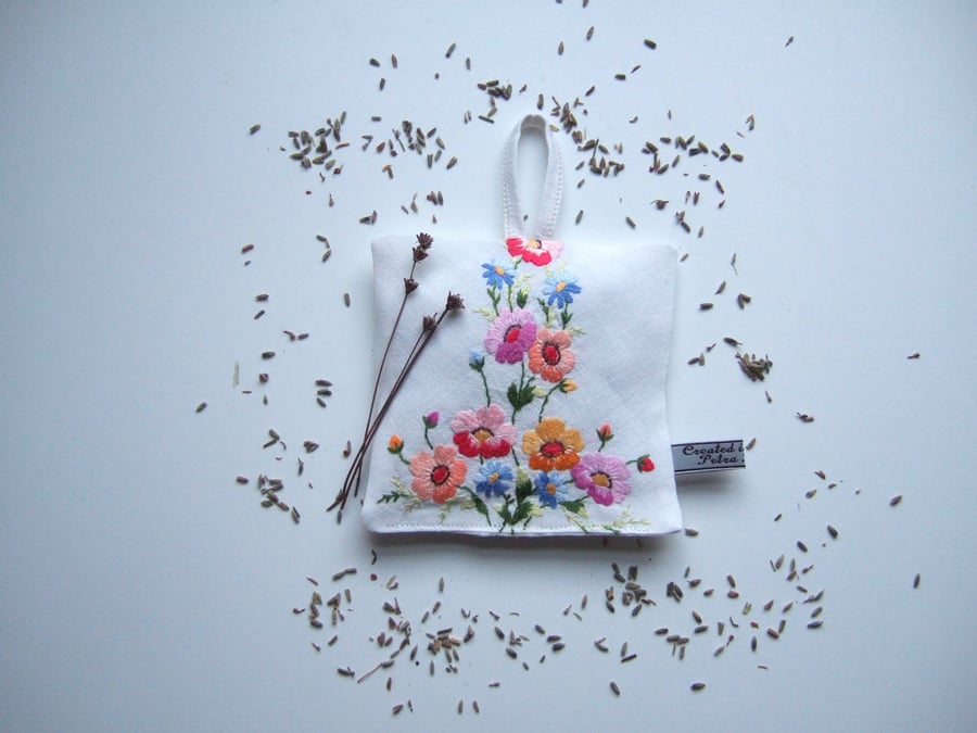 Large lavender bag with bright floral vintage embroidery