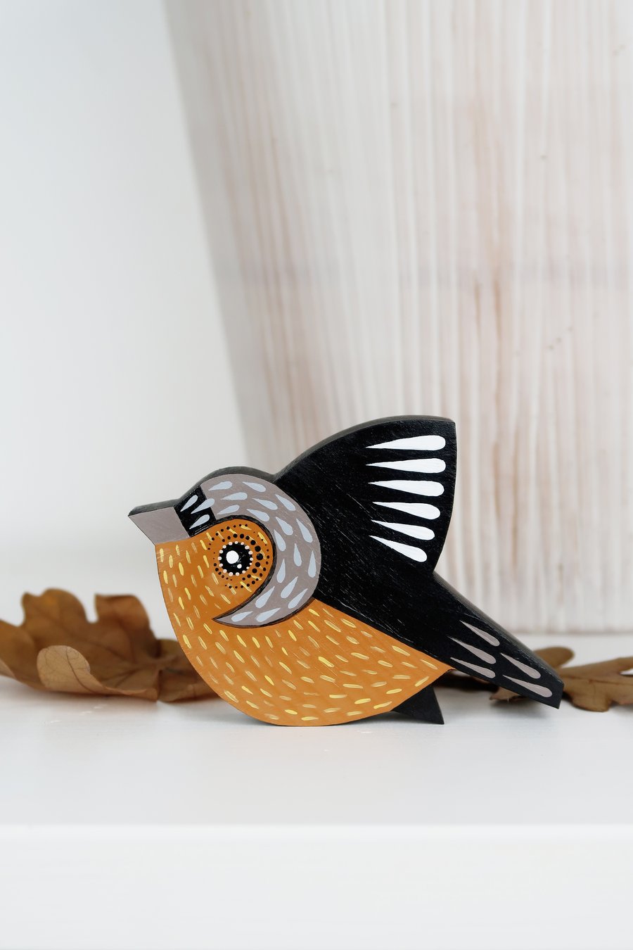 Chaffinch wall or shelf decoration, miniature flying bird, British birds art.