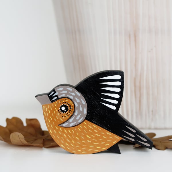 Chaffinch wall or shelf decoration, miniature flying bird, British birds art.