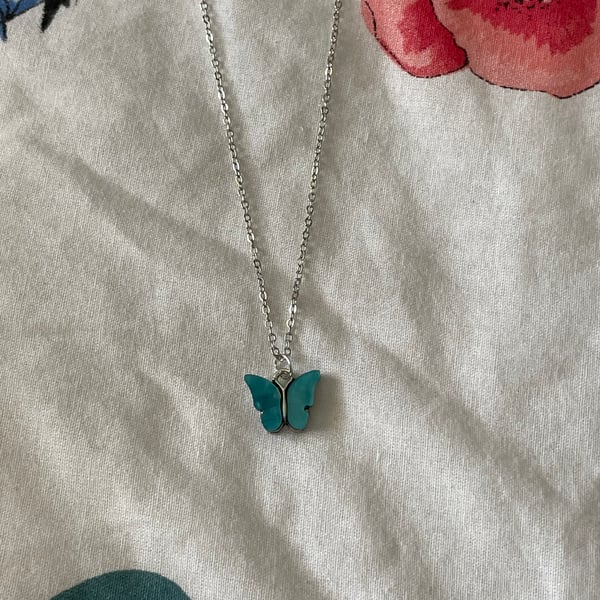 Triton - aqua silver chain butterfly necklace 