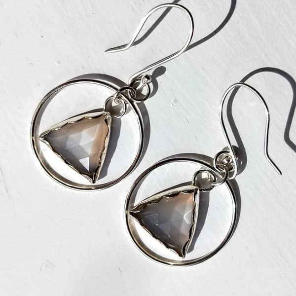 Handmade Rose Cut White Moonstone Gemstone Sterling Silver 925 Dangly Earrings