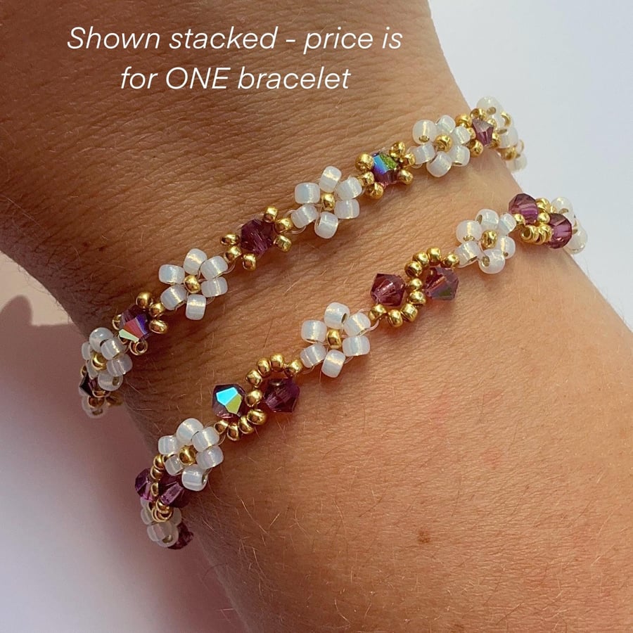 February Birthstone Bracelet - Gold & Opal Daisy Beads (Amethyst Inspired)