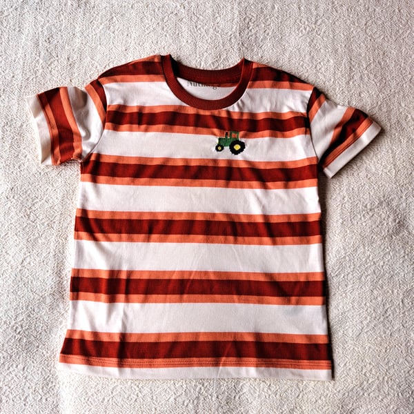 Tractor, T-shirt, stripes, age 5-6, hand embroidered