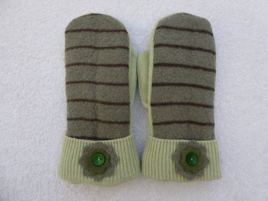 Mittens Created from Up-cycled Wool Jumpers. Fully Lined. Green with BrownStripe