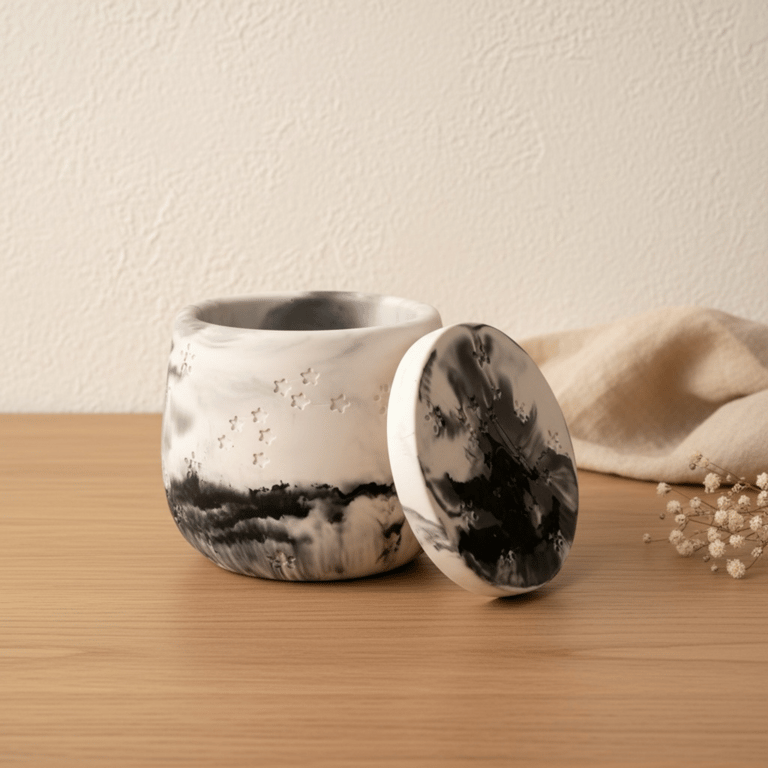 White and black marbled jewellery box with star details and flat lid