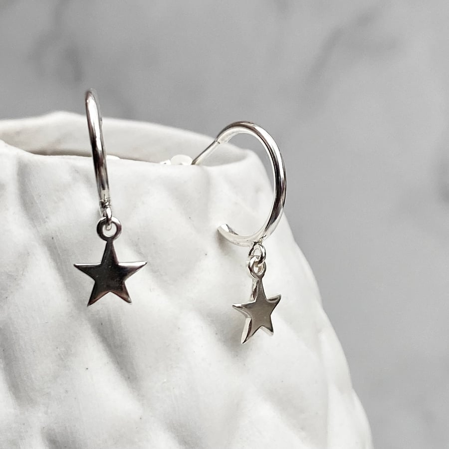 Sterling silver tiny star drop hoop earrings 