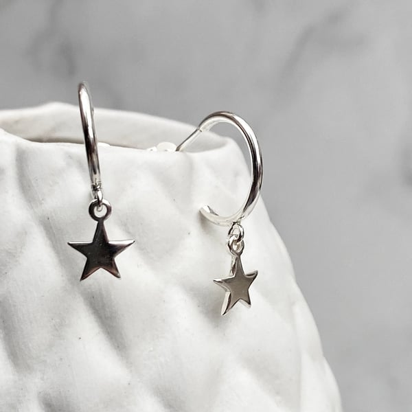 Sterling silver tiny star drop hoop earrings 