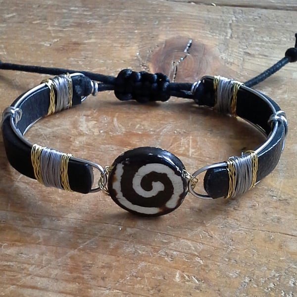 Mens Leather and Wire Strap Bracelet