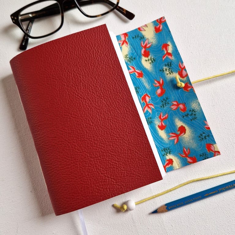 Goldfish Red Leather Journal, perfect Notebook or Sketchbook , Chiyogami Paper