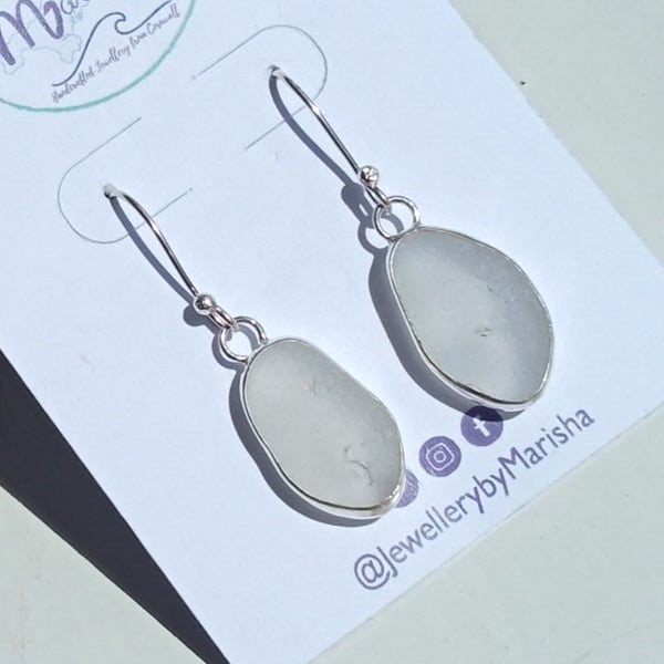 White Seaglass Dangly Earrings in Fine Silver & Recycled Sterling Silver