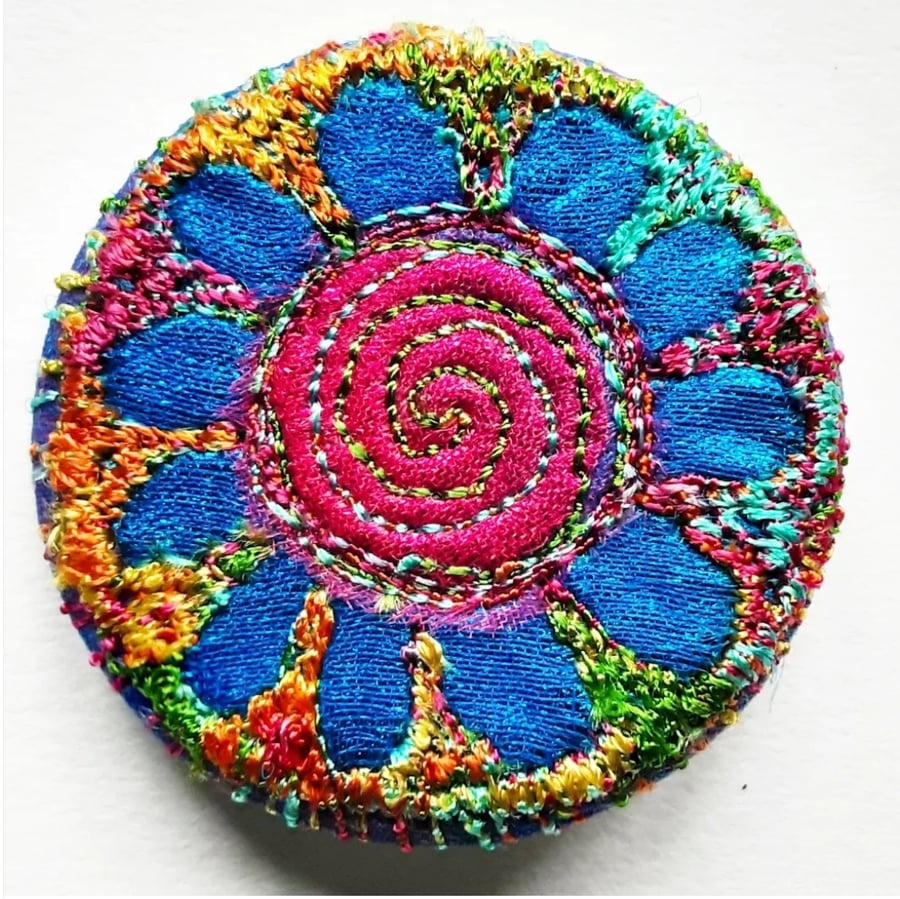 38mm Hand Dyed Fabric Badge with Free Machine Embroidery 
