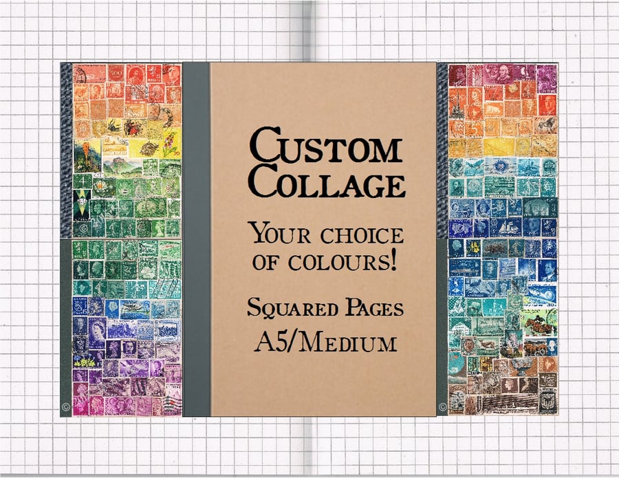 SQUARED A5 NOTEBOOK, Custom Colours - upcycled vintage world postage stamp art