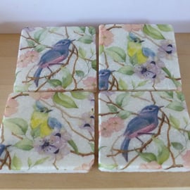 Set of 4 Marble 'Pastel Bird' Coasters