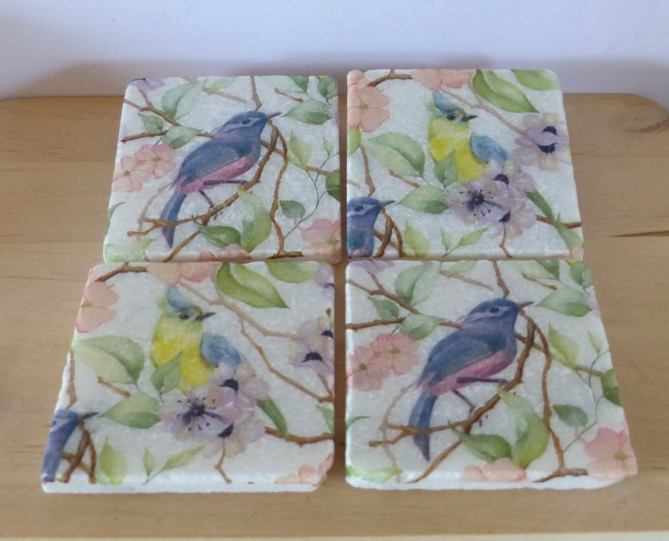 Set of 4 Marble 'Pastel Bird' Coasters