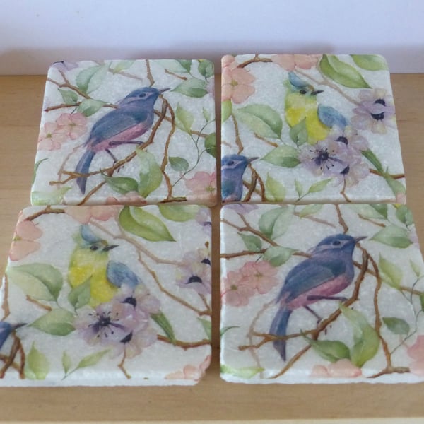 Set of 4 Marble 'Pastel Bird' Coasters