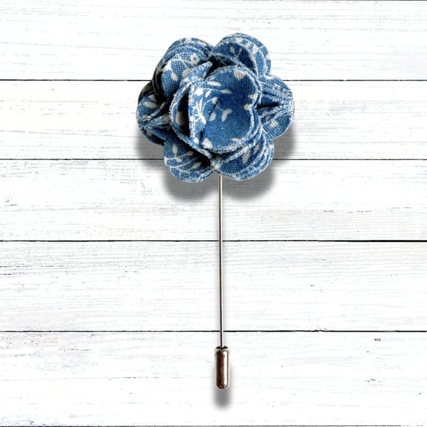 Flower Lapel Pin - Denim Floral Fabric, Perfect for Wedding 