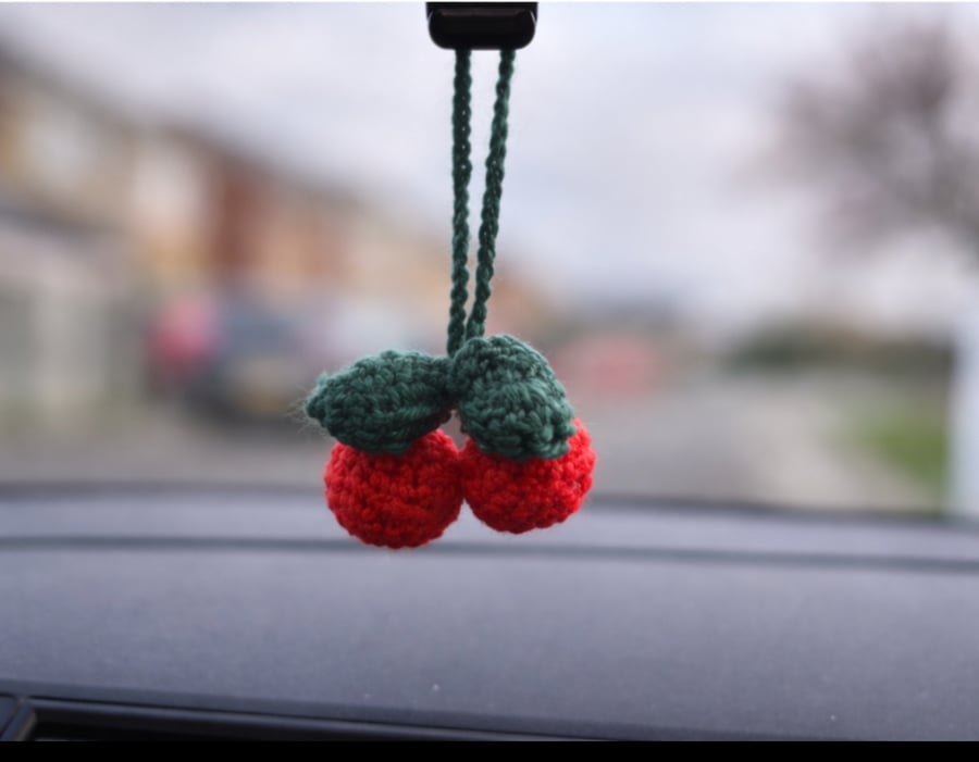 Cherry crochet car mirror charm 