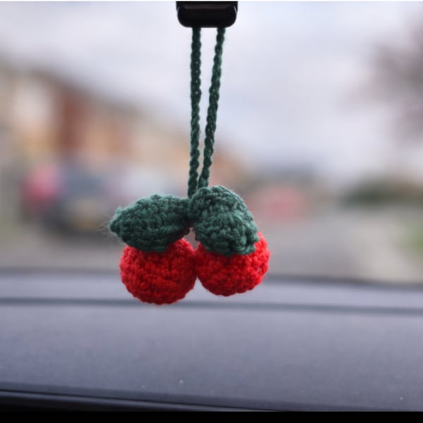 Cherry crochet car mirror charm 