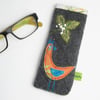 Charcoal grey glasses case with bird appliqué