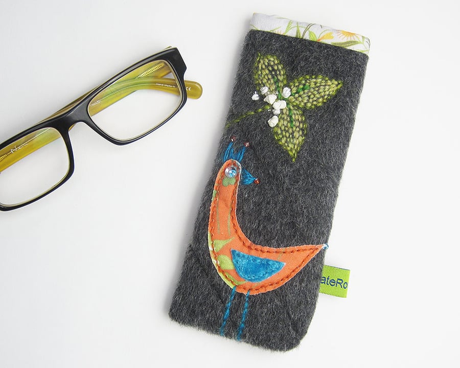 Charcoal grey glasses case with bird appliqué