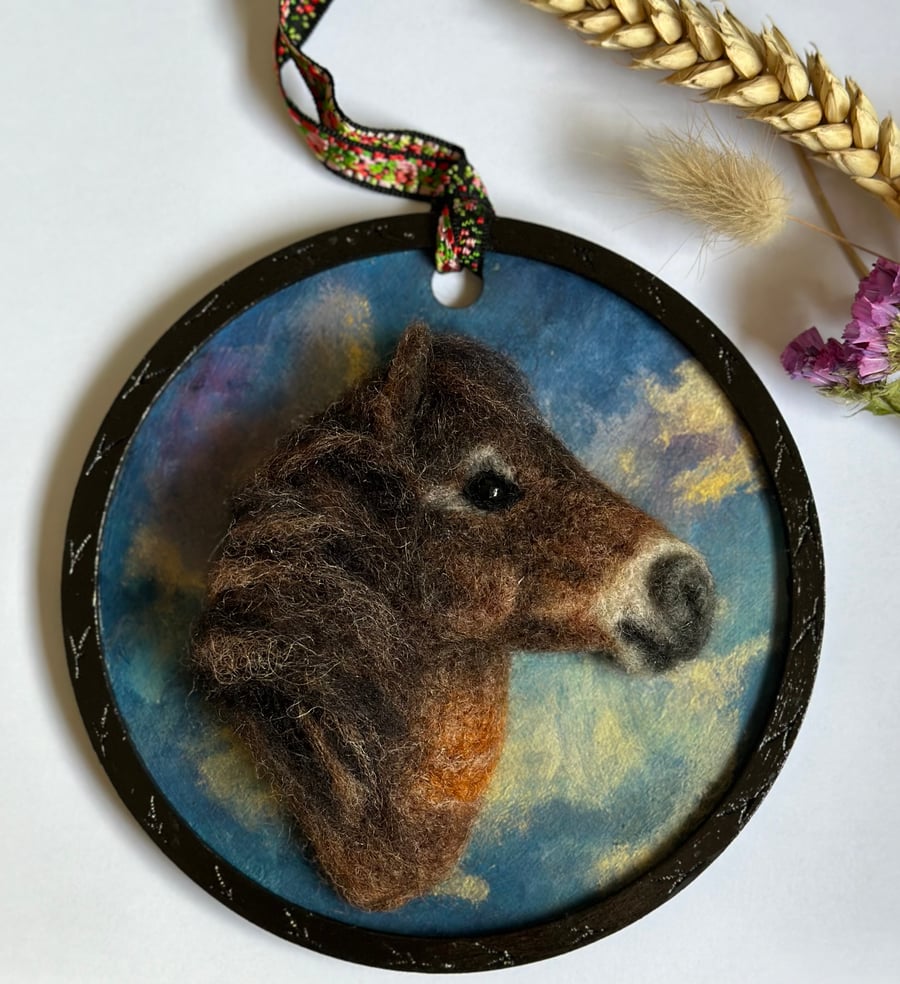 Needle felted Exmoor pony wall hanging decoration.