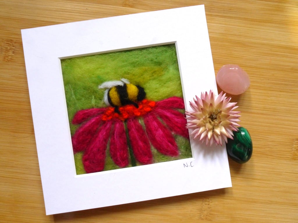 Original needle felted Busy Bee mounted art by Natalie