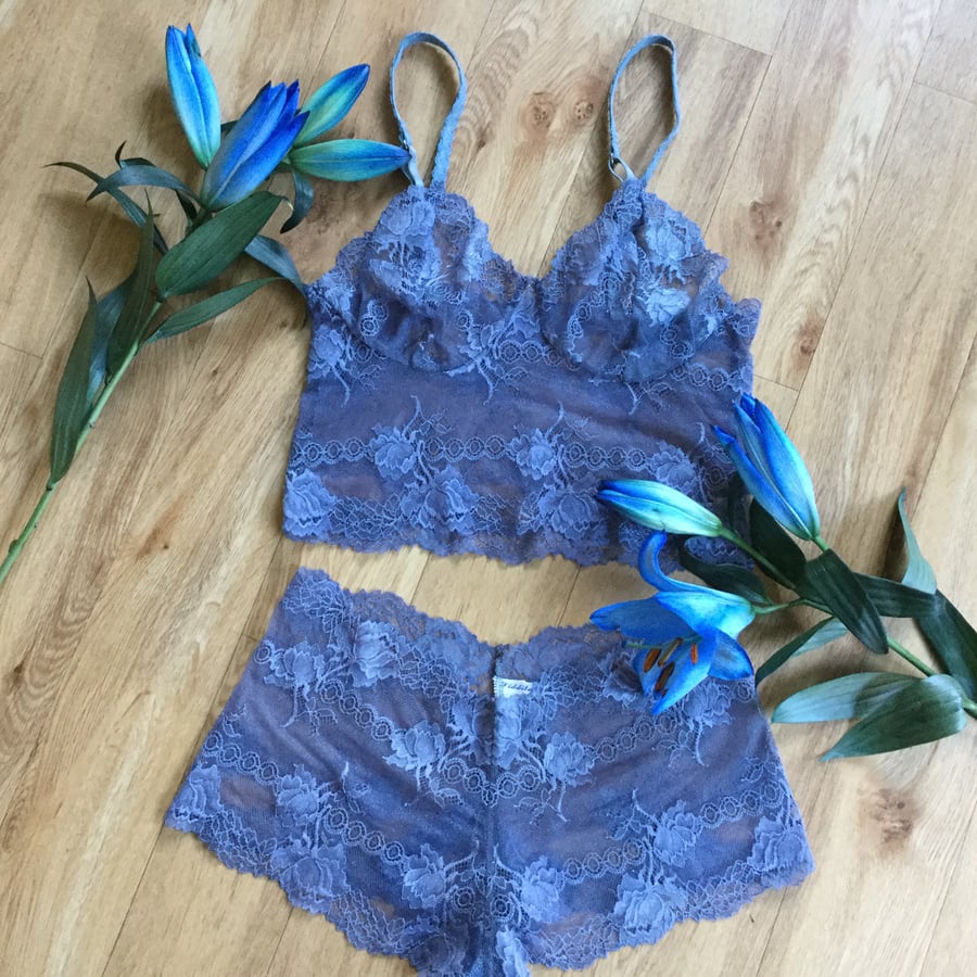 Riverside blue semi sheer bralette and French knickers set