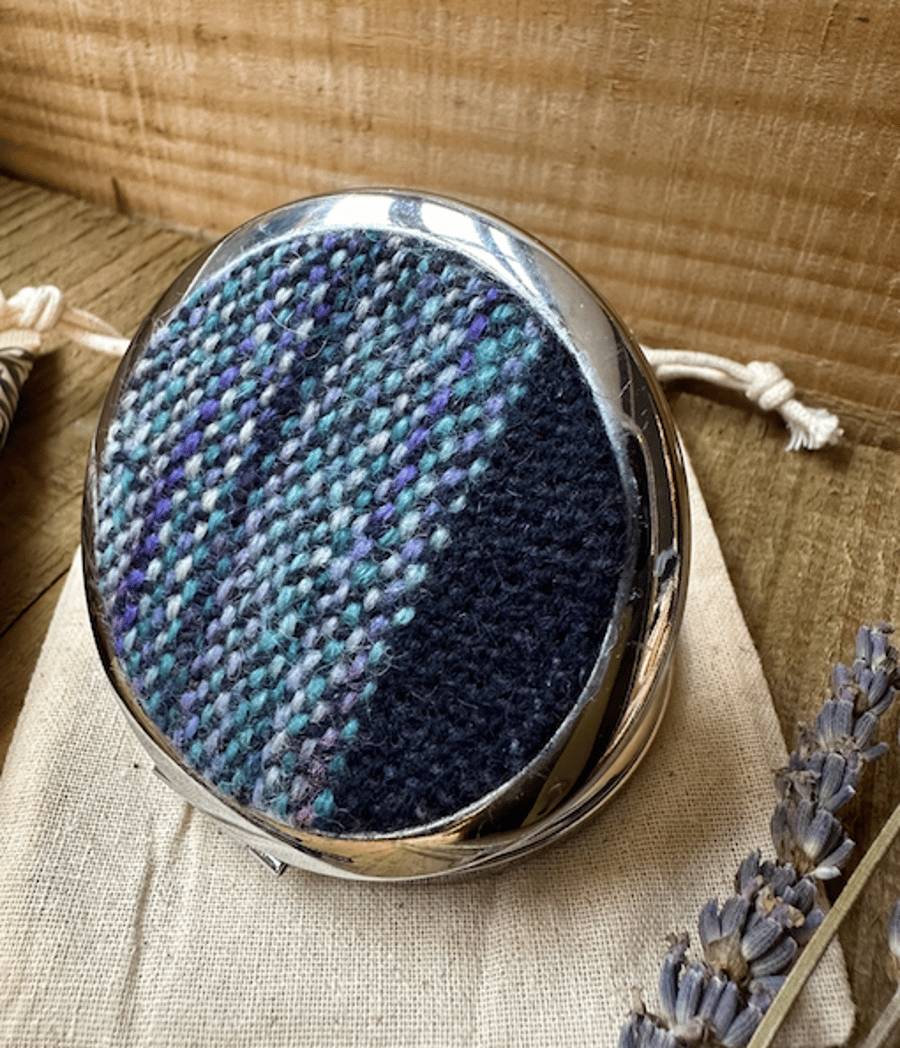 Pocket Mirror Navy Blue Stripe Hand Woven British Wool Fabric Topped Mirror