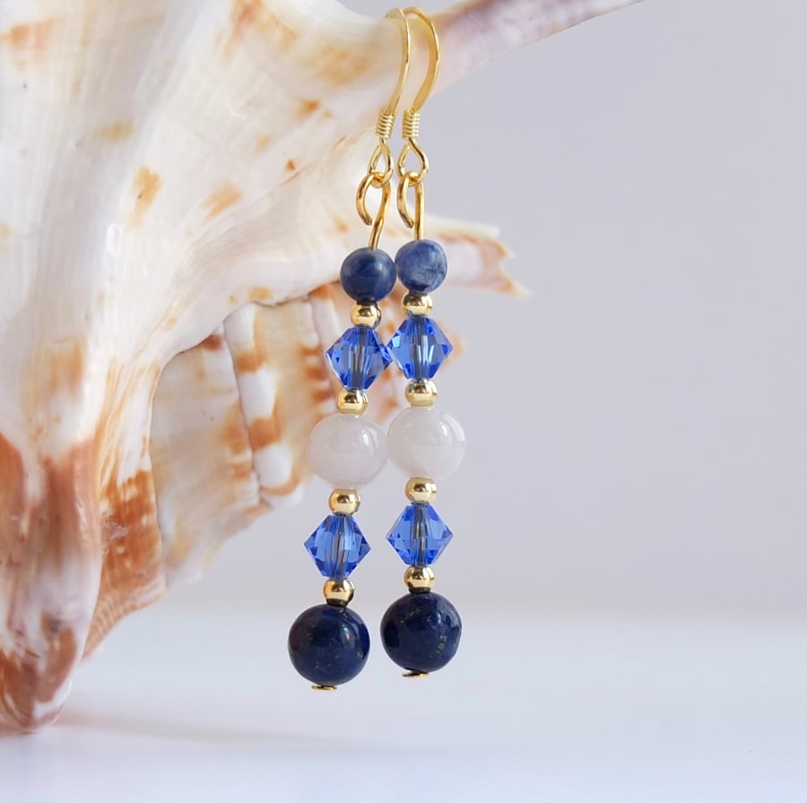 Sparkly Blue Earrings With Swarovski "Sapphire" Crystal, Lapis Lazuli & Sodalite