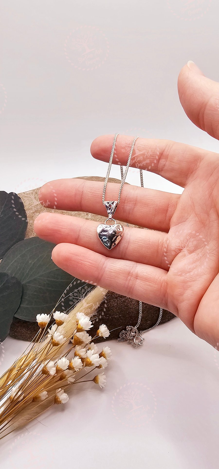 Personalised ashes into recycled fine silver heart pendant and chain 