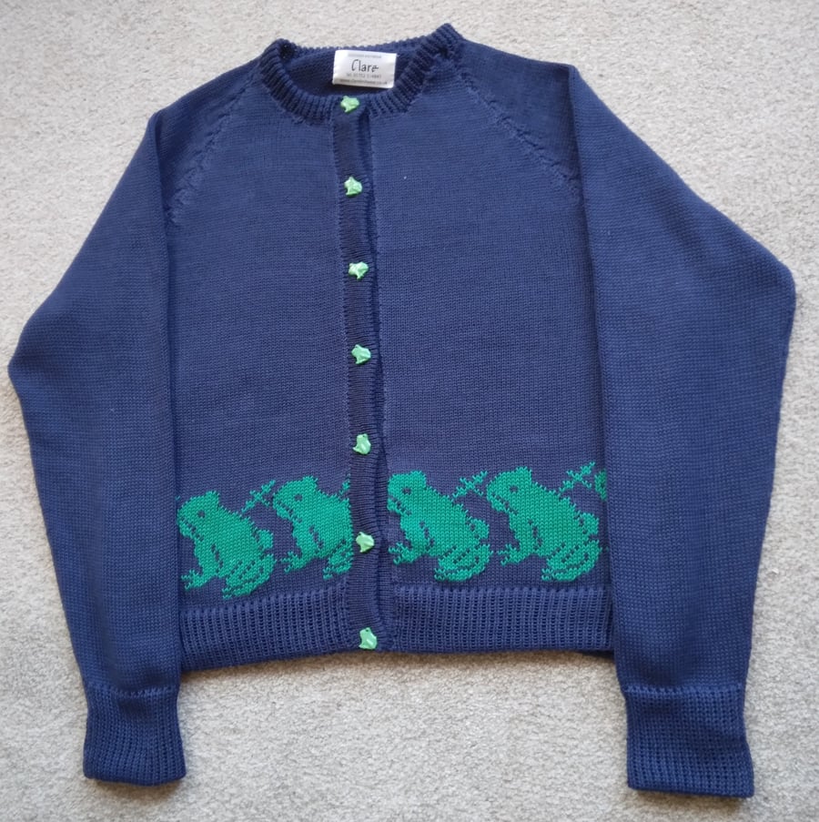 Frog cardigan for adult, wool or cotton, made to order, frog buttons