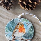 hand painted christmas ornament, clay decoration, Winter robin ,snow scene, 