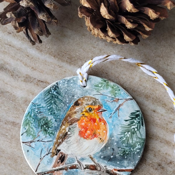 hand painted christmas ornament, clay decoration, Winter robin ,snow scene, 