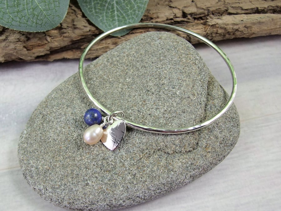 Sterling Silver Charm Bangle with Heart, Lapis Lazuli and Pearl