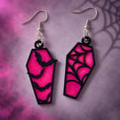 Pink coffin earrings, Halloween bat spider web, Gothic jewellery